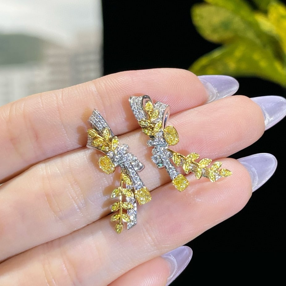 14k Gold 1.07 Ctw Natural Yellow Diamond & Diamond Earrings - 4