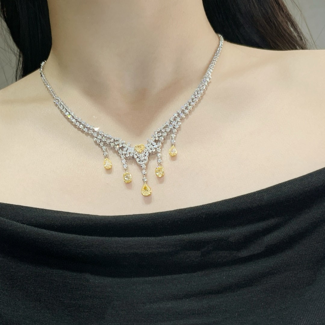 14k Gold 7.74 Ctw Natural Yellow Diamond & Diamond Necklace - 4
