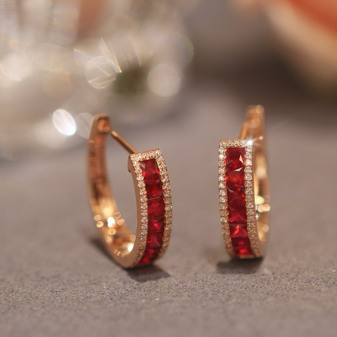 14k Gold 1.20 Ct Natural Ruby & Diamond Earrings: Ref:230981034 / / gold content:14k gold / / main gemstone:ruby / / shape:princess / / carat weight:1. 20ct / / color:pigeonblood red / / treatment:natural / / / / adjacent gemstone 2 : diamond / /
