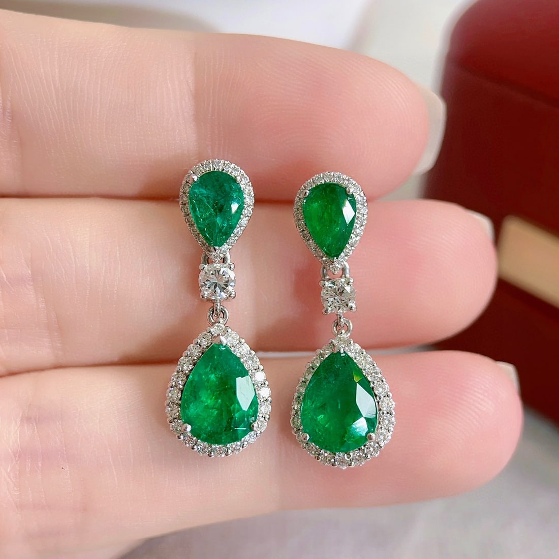 14k Gold 4.90 Ctw Vivid Green Natural Emerald & Diamond Earrings - 2