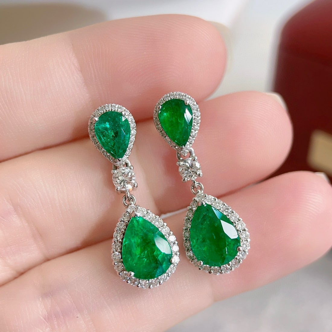 14k Gold 4.90 Ctw Vivid Green Natural Emerald & Diamond Earrings - 3