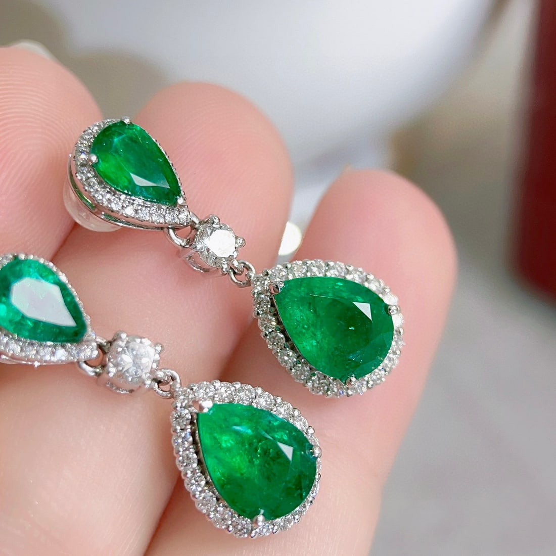 14k Gold 4.90 Ctw Vivid Green Natural Emerald & Diamond Earrings - 4