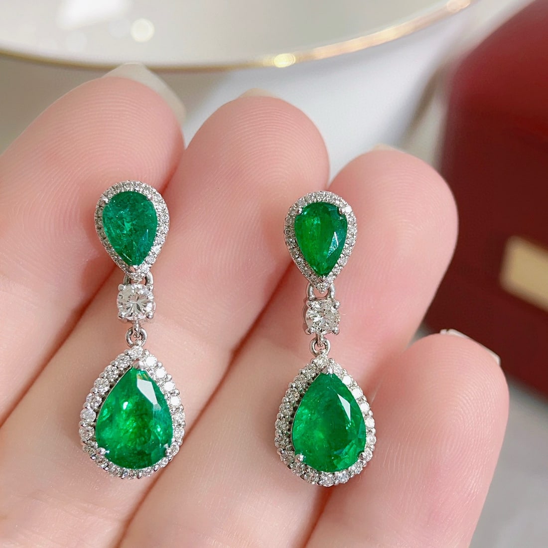 14k Gold 4.90 Ctw Vivid Green Natural Emerald & Diamond Earrings - 5