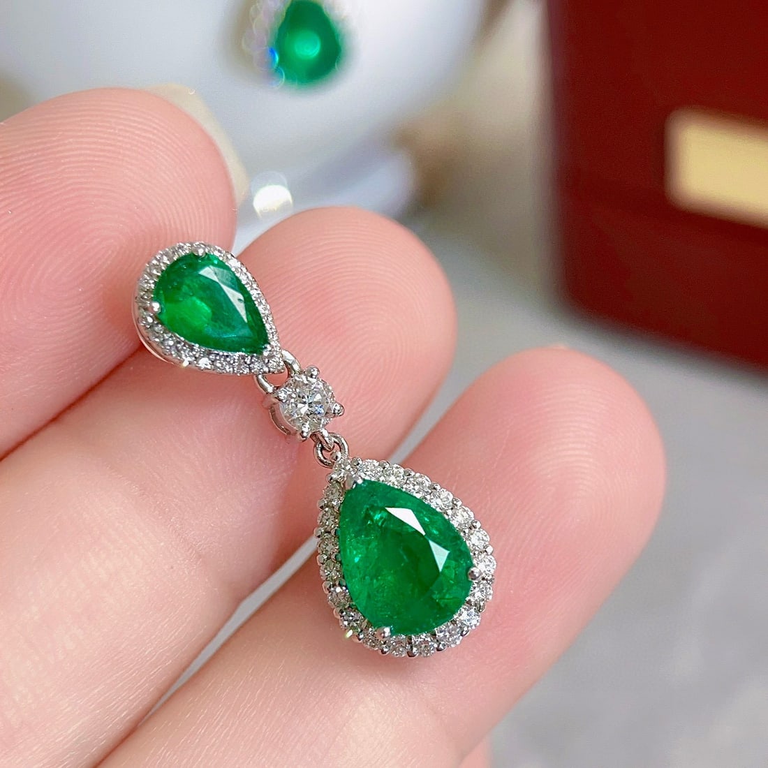 14k Gold 4.90 Ctw Vivid Green Natural Emerald & Diamond Earrings - 6