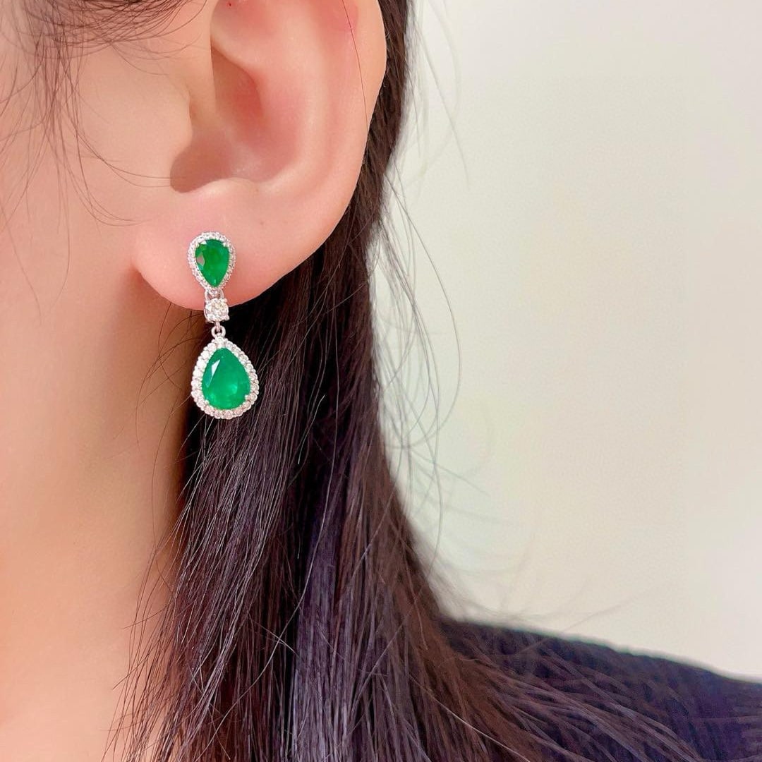 14k Gold 4.90 Ctw Vivid Green Natural Emerald & Diamond Earrings - 7