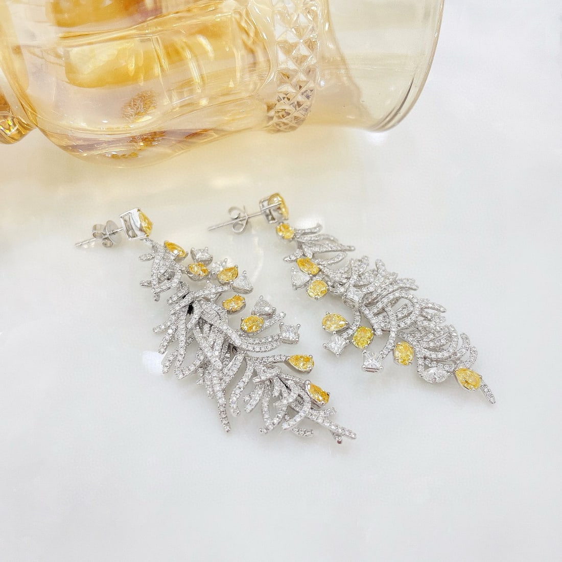 14k Gold 6.52 Ctw Natural Yellow Diamond & Diamond Earrings - 4
