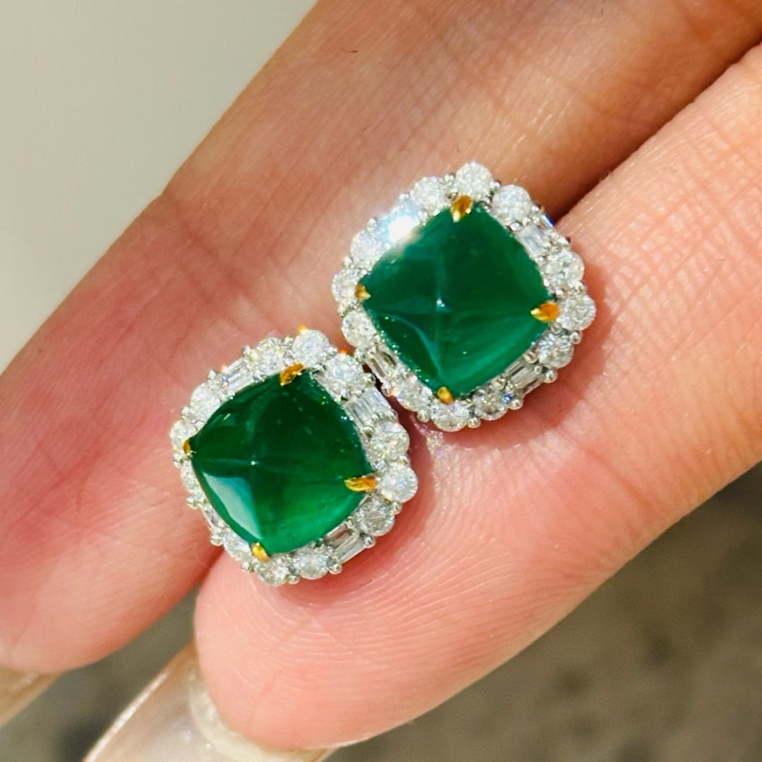 14k Gold 3.47 Ct Vivid Green Natural Emerald & Diamond Earrings - 2