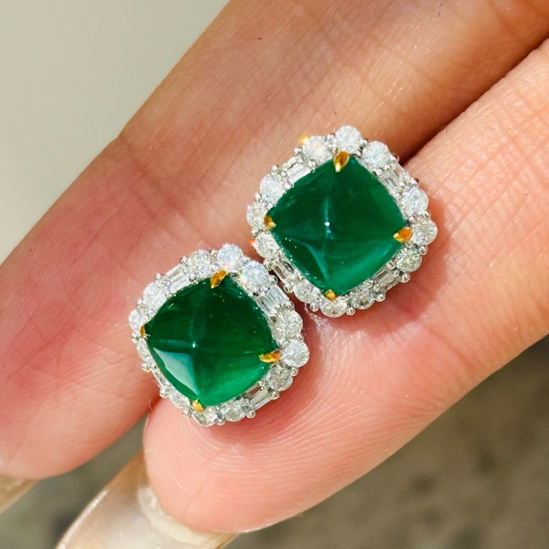 14k Gold 3.47 Ct Vivid Green Natural Emerald & Diamond Earrings - 3