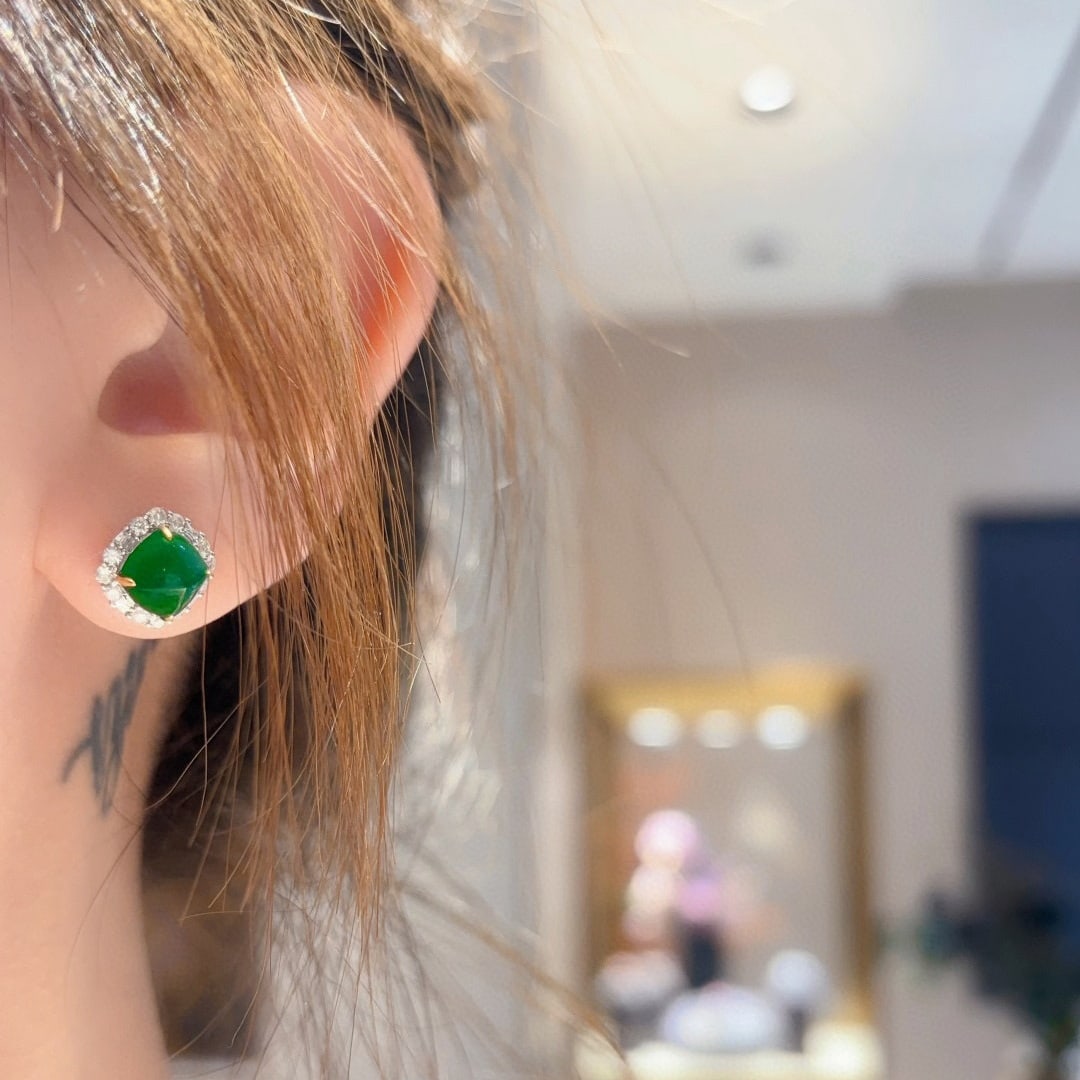 14k Gold 3.47 Ct Vivid Green Natural Emerald & Diamond Earrings - 5