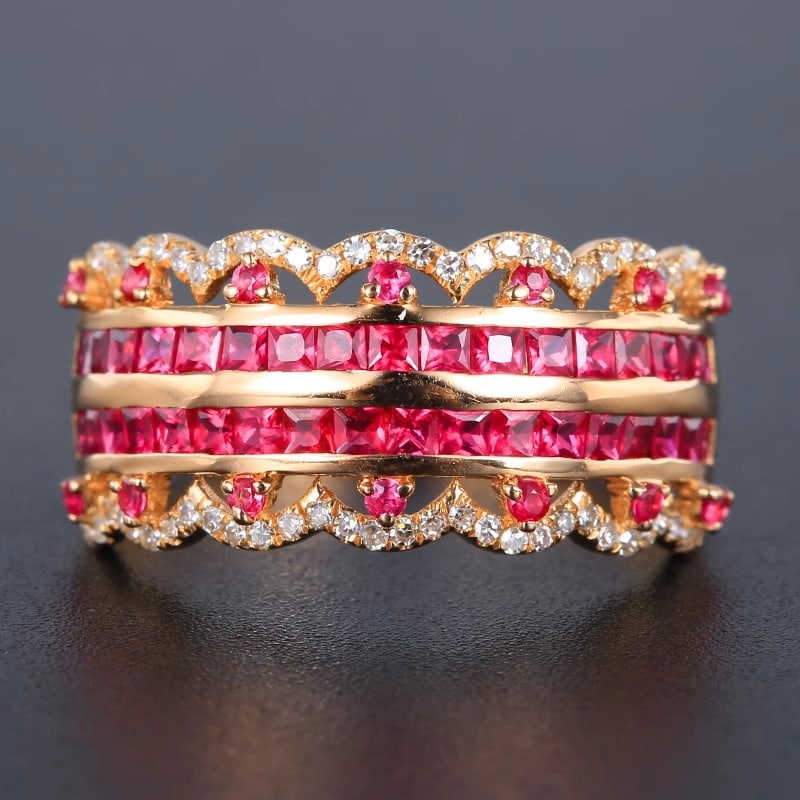 14k Gold 1.28 Ctw Natural Ruby & Diamond Ring: Ref:230981058 / / gold content:14k gold / / ring size:7. 25us / / / / main gemstone:ruby / / shape:multiply / / carat weight:1. 08ct / / color:red / / treatment:natural / / / / adjacent gemstone 2 :