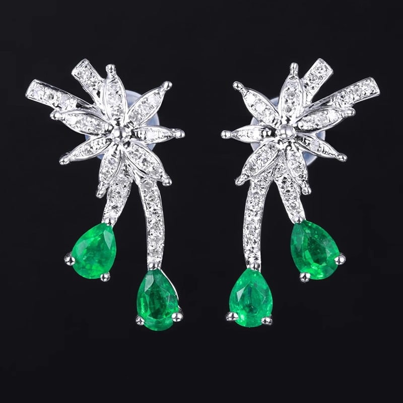 14k Gold 0.94 Ctw Vivid Green Natural Emerald & Diamond Earrings - 6