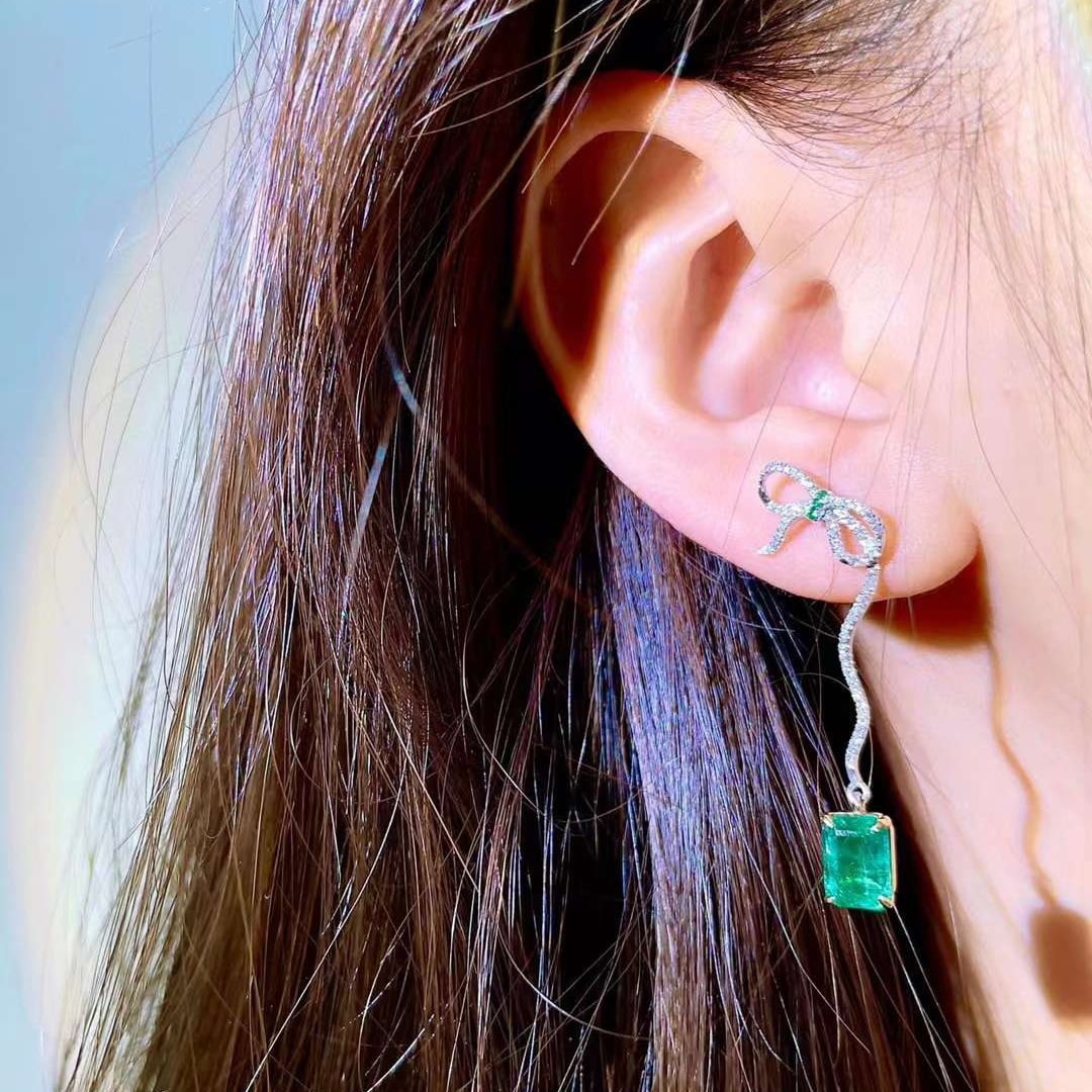 14k Gold 3.11 Ctw Vivid Green Natural Emerald & Diamond Earrings - 5