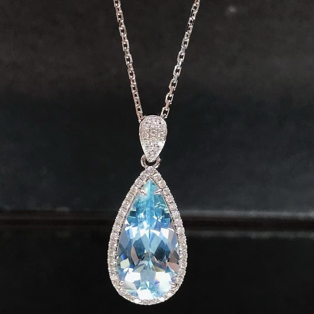 14k Gold 4.31 Ctw Natural Aquamarine & Diamond Pendant( Without Chain ) - 2
