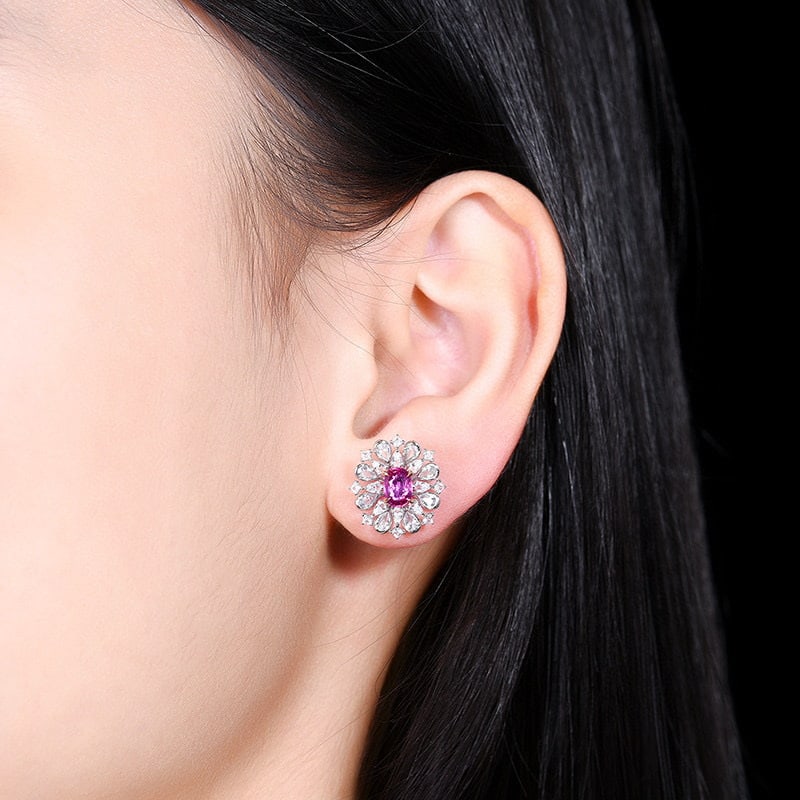 14k Gold 1.17 Ct Natural Padparadscha Sapphire & Sapphire Earrings - 6