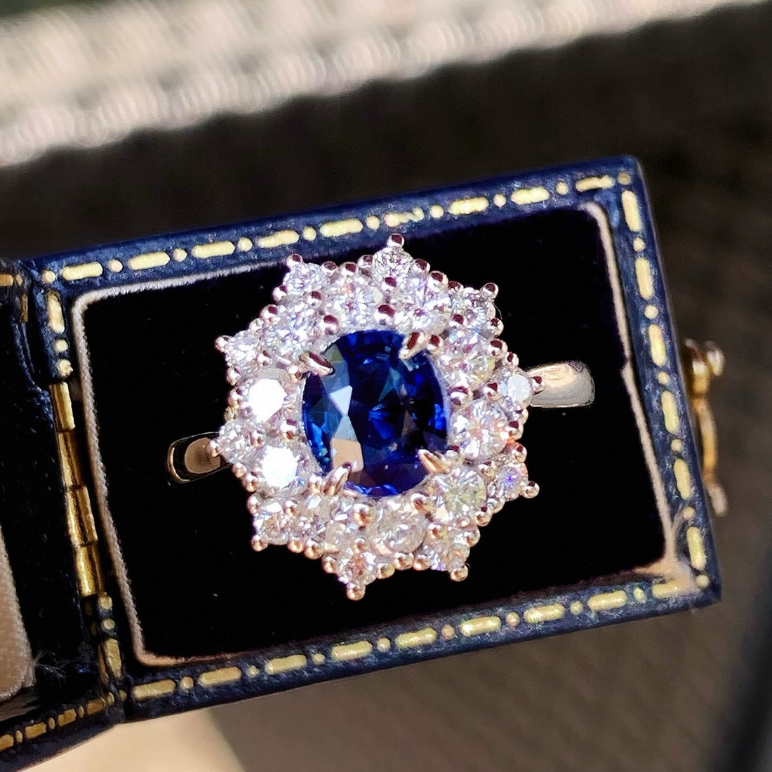 14k Gold 2.02 Ctw Natural Sapphire & Diamond Ring: Ref:230981134 / / gold content:14k gold / / ring size:7. 25us / / / / main gemstone:sapphire / / shape:oval / / carat weight:1. 12ct / / color:royal blue / / treatment:natural / / / / adjacent