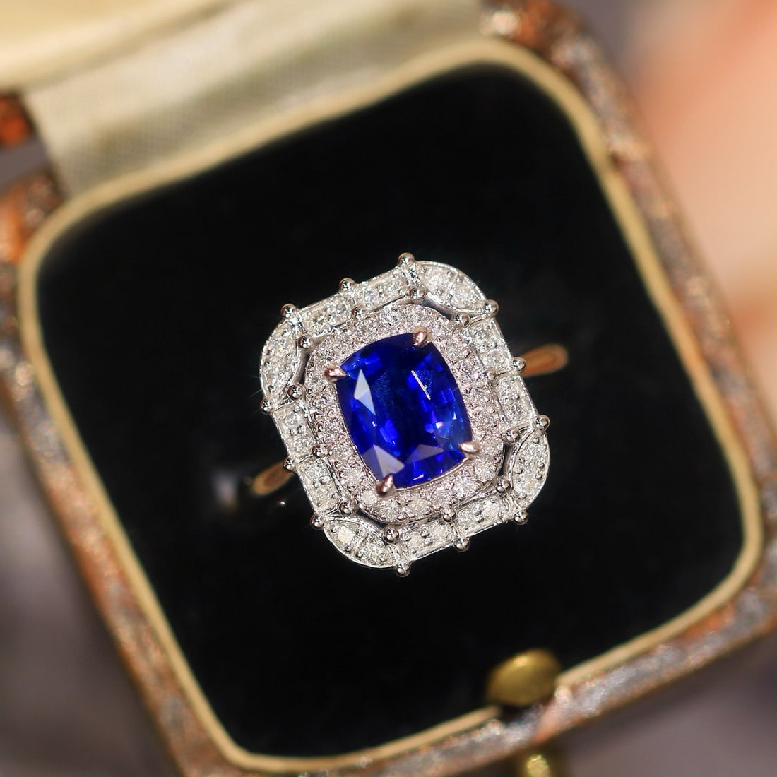 14k Gold 2.01 Ctw Natural Sapphire & Diamond Ring: Ref:230981151 / / gold content:14k gold / / ring size:7. 25us / / / / main gemstone:sapphire / / shape:cushion / / carat weight:1. 61ct / / color:royal blue / / treatment:natural / / / / adjacent