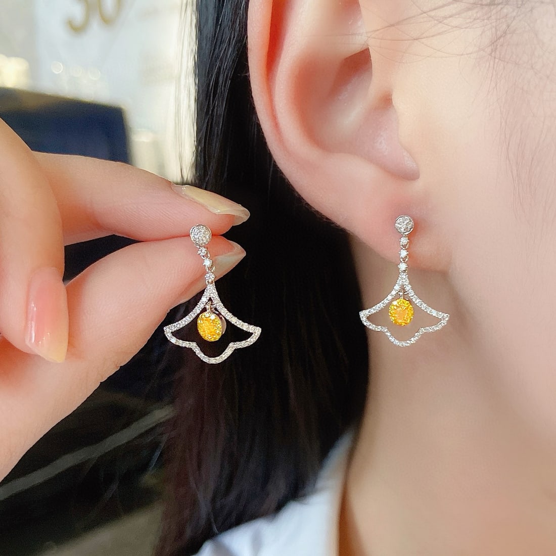 14k Gold 0.74 Ctw Natural Yellow Diamond & Diamond Earrings - 4