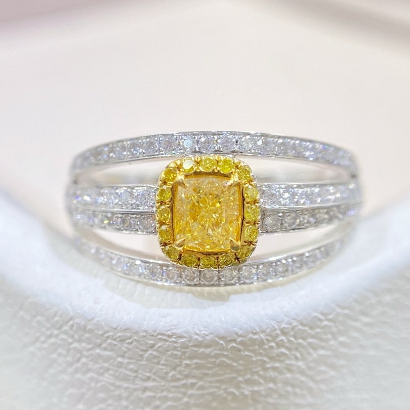 14k Gold 0.81 Ctw Natural Yellow Diamond & Diamond Ring: Ref:230981173 / / gold content:14k gold / / ring size:7. 25us / / / / main gemstone:yellow diamond / / shape:cushion / / carat weight:0. 35ct / / color:yellow / / treatment:natural / / / / adjacent