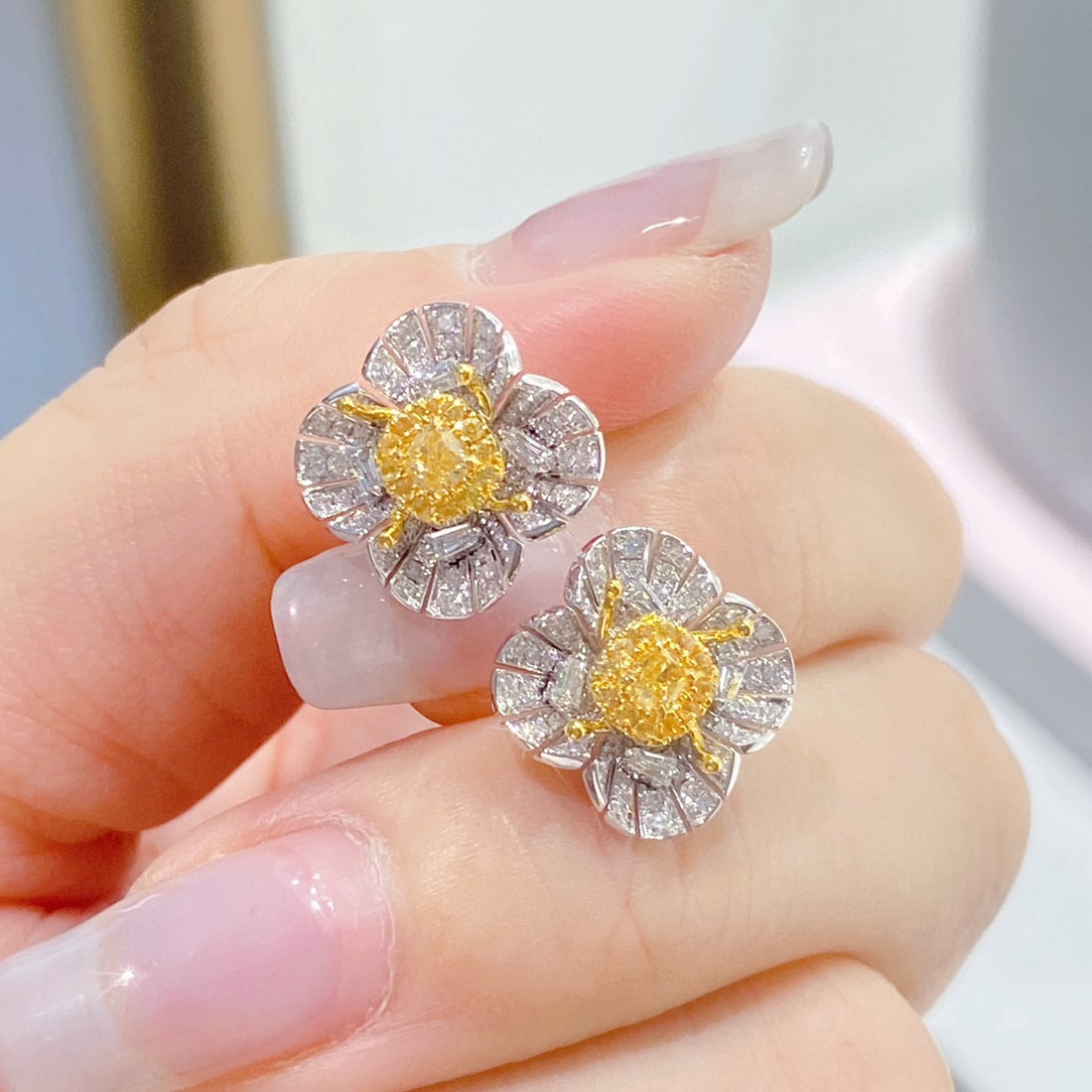 14k Gold 1.05 Ctw Natural Yellow Diamond & Diamond Earrings - 3