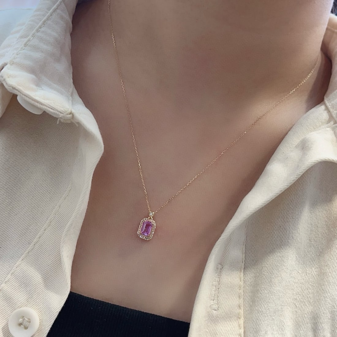 14k Gold 0.68 Ct Natural Padparadscha Sapphire & Diamond Necklace - 5