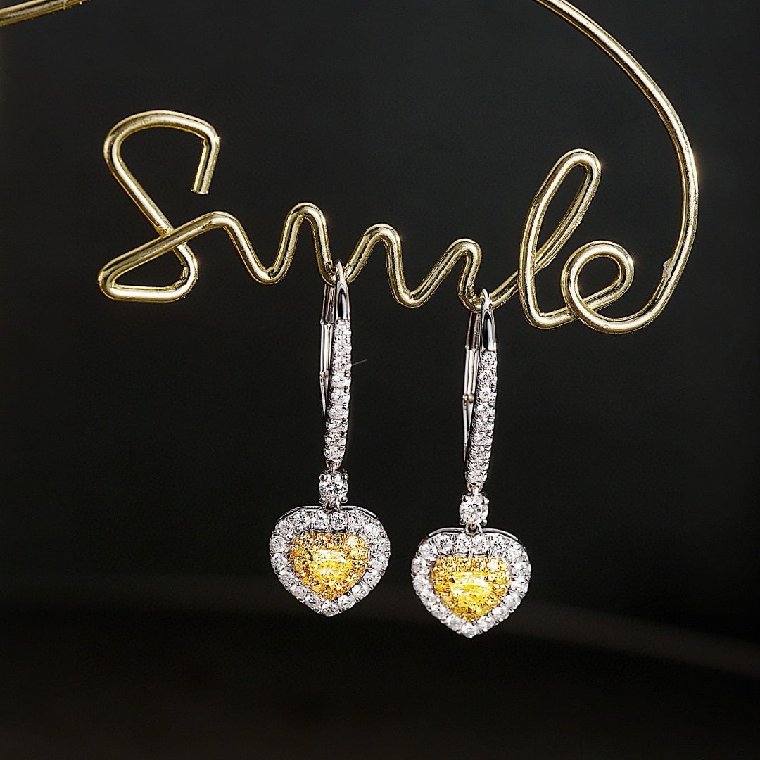 14k Gold 0.78 Ctw Natural Yellow Diamond & Diamond Earrings: Ref:230981240 / / gold content:14k gold / / main gemstone:yellow diamond / / shape:heart / / carat weight:0. 26ct / / color:yellow / / treatment:natural / / / / adjacent gemstone 2 : diamond / /