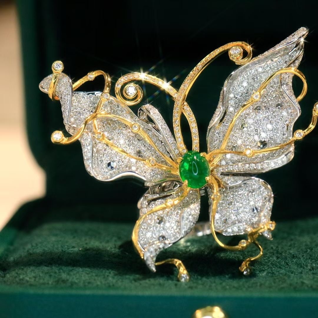 14k Gold 3.14 Ctw Vivid Green Natural Emerald & Diamond & Butterfly Ring/brooch/pendant( Without ... - 5