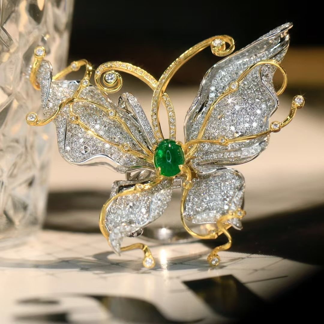 14k Gold 3.14 Ctw Vivid Green Natural Emerald & Diamond & Butterfly Ring/brooch/pendant( Without ... - 6