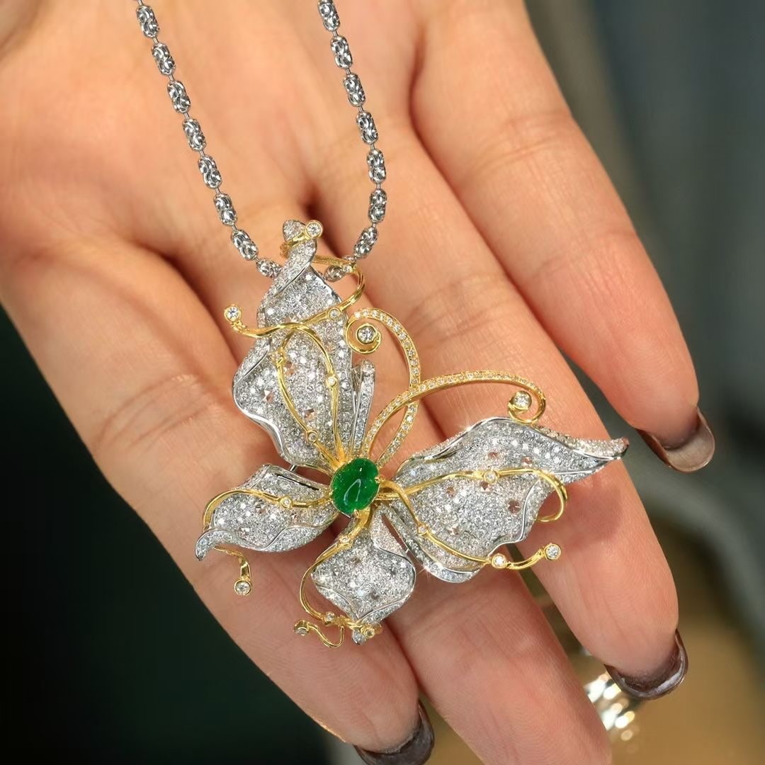 14k Gold 3.14 Ctw Vivid Green Natural Emerald & Diamond & Butterfly Ring/brooch/pendant( Without ... - 7