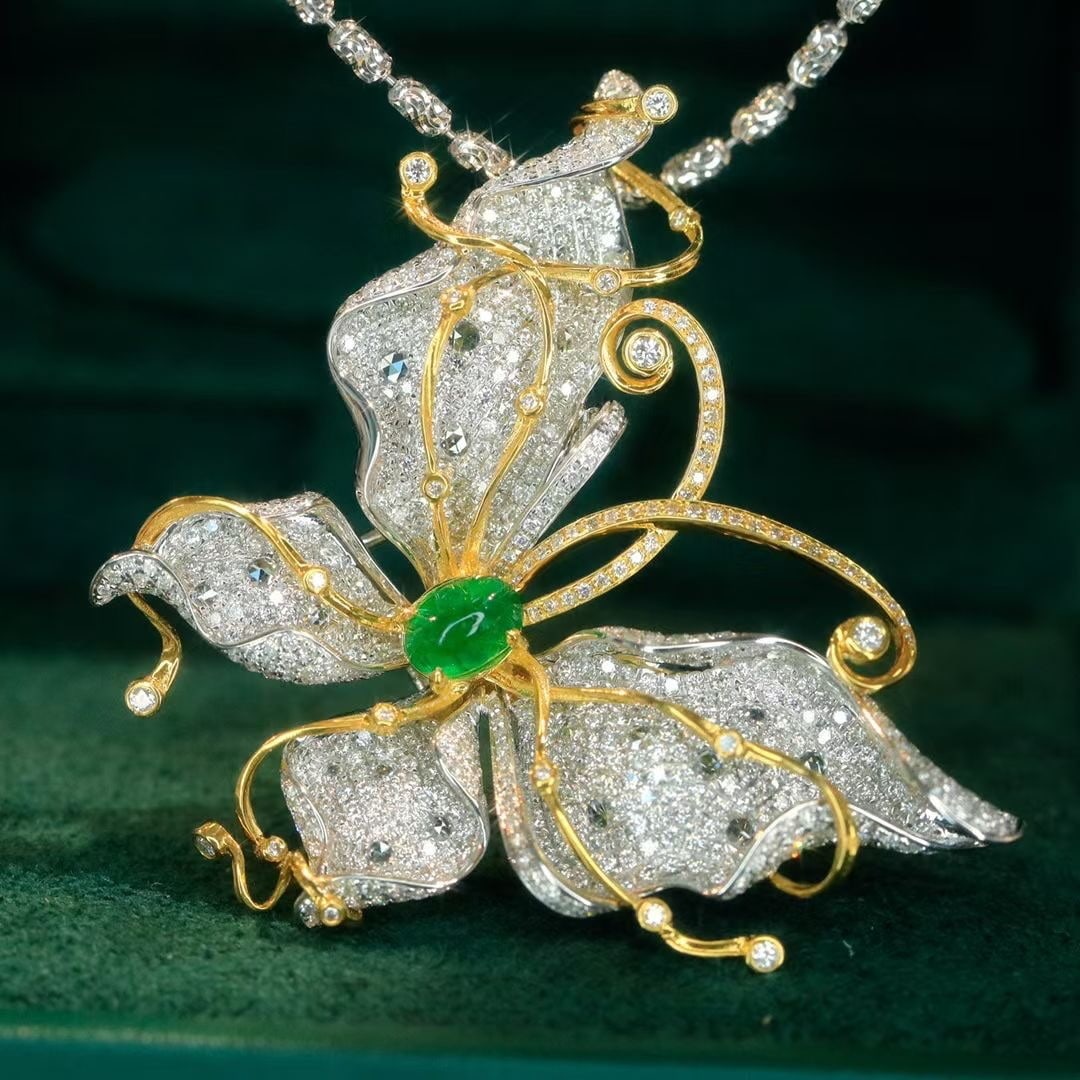 14k Gold 3.14 Ctw Vivid Green Natural Emerald & Diamond & Butterfly Ring/brooch/pendant( Without ... - 8