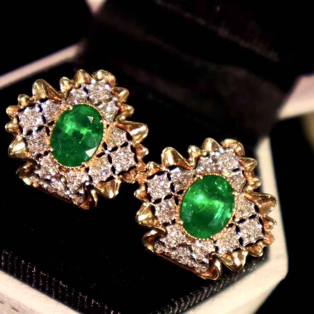 14k Gold 2.40 Ctw Vivid Green Natural Emerald & Diamond Earrings - 4