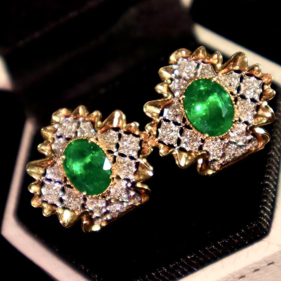 14k Gold 2.40 Ctw Vivid Green Natural Emerald & Diamond Earrings - 5