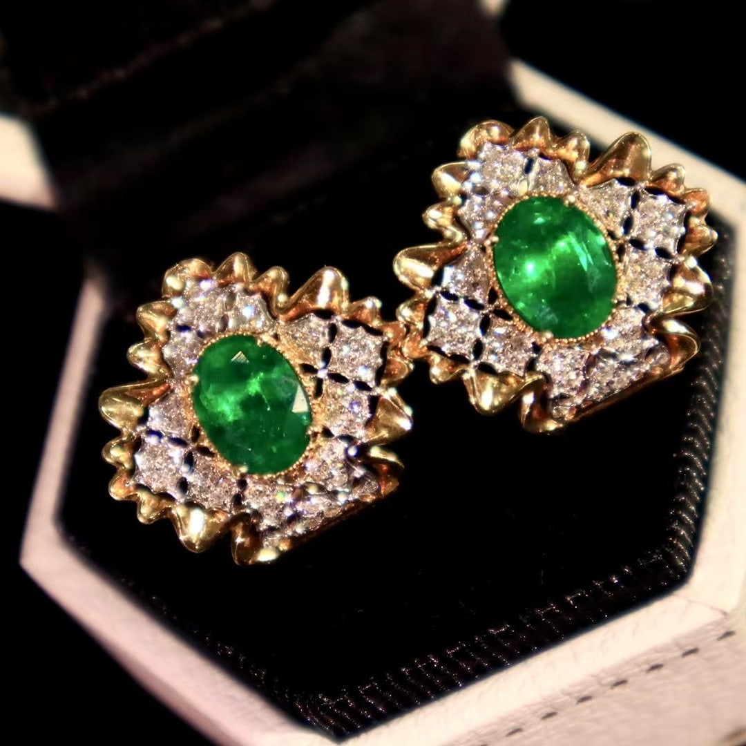 14k Gold 2.40 Ctw Vivid Green Natural Emerald & Diamond Earrings - 6