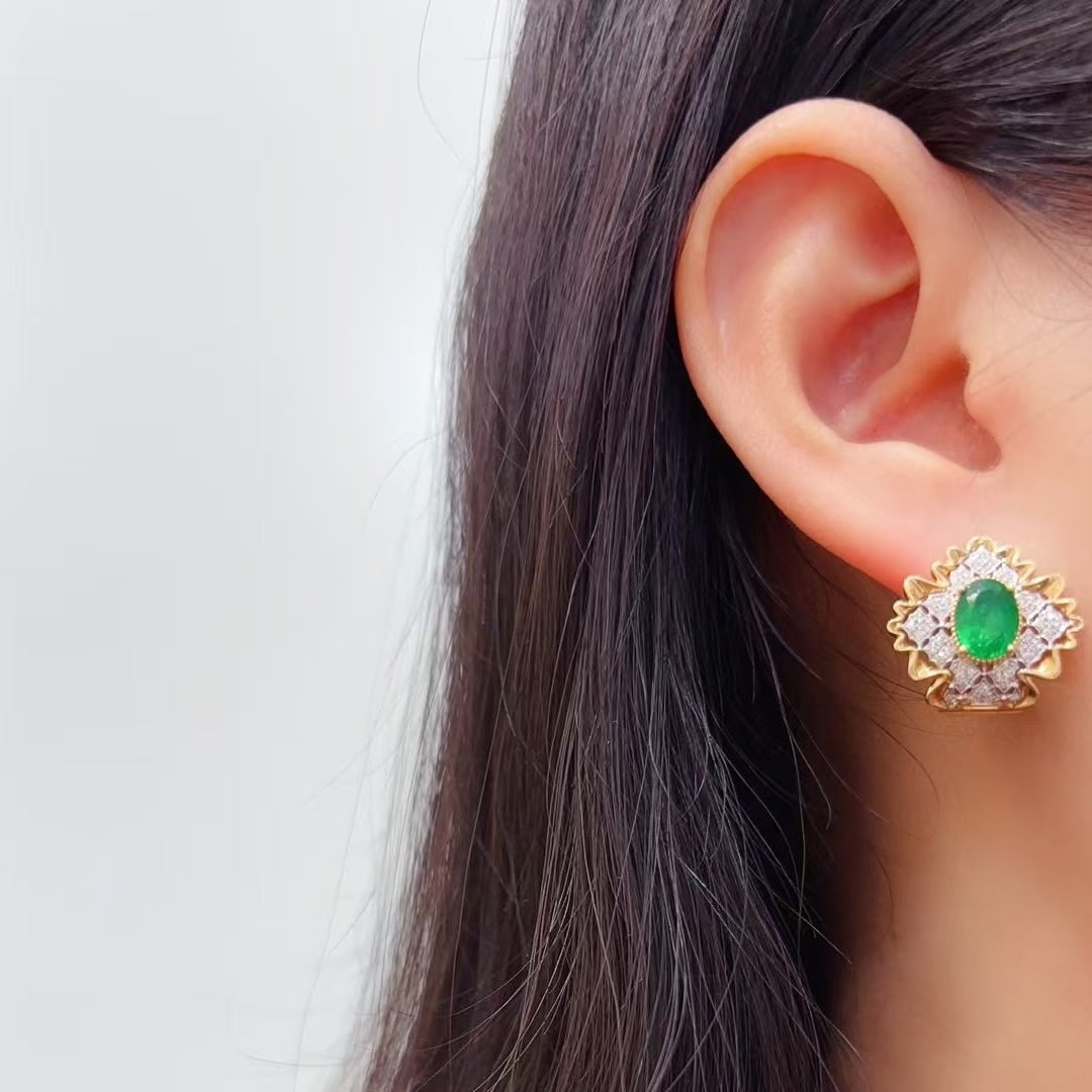 14k Gold 2.40 Ctw Vivid Green Natural Emerald & Diamond Earrings - 7