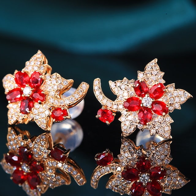 14k Gold 1.62 Ctw Vivid Red Natural Ruby & Diamond Earrings - 2