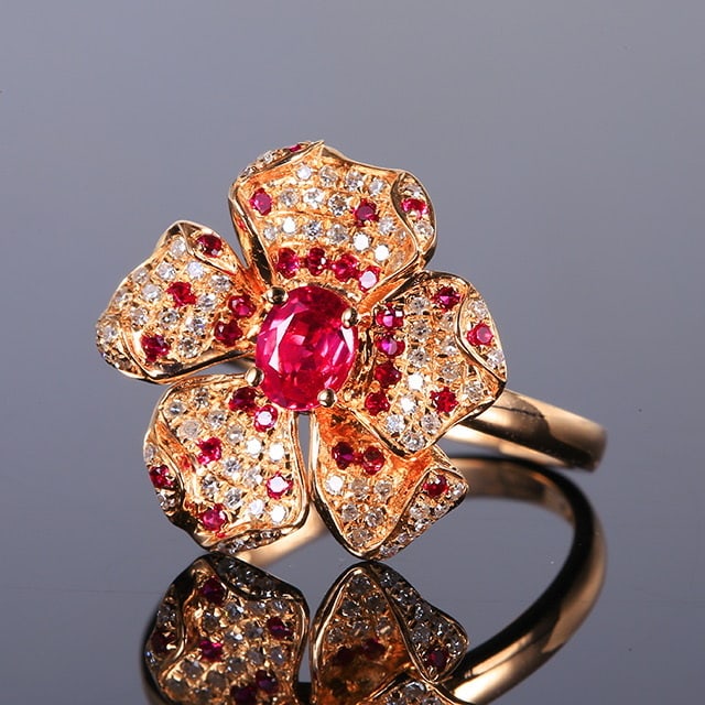14k Gold 0.56 Ctw Natural Ruby & Ruby & Flowers Ring - 2