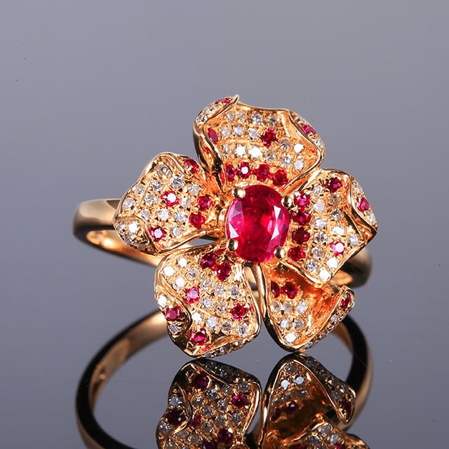 14k Gold 0.56 Ctw Natural Ruby & Ruby & Flowers Ring - 3