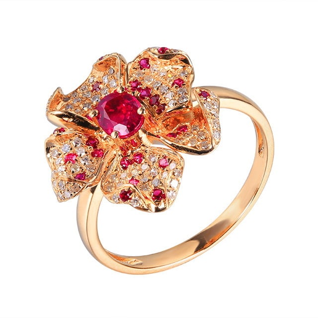 14k Gold 0.56 Ctw Natural Ruby & Ruby & Flowers Ring - 5