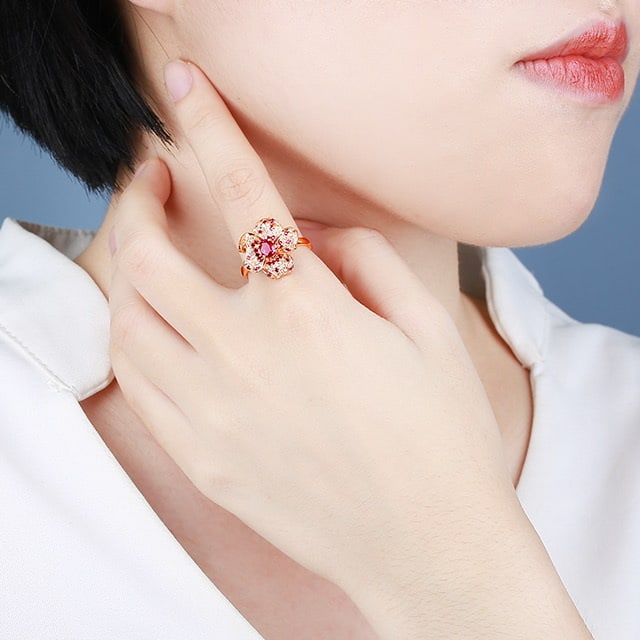 14k Gold 0.56 Ctw Natural Ruby & Ruby & Flowers Ring - 6