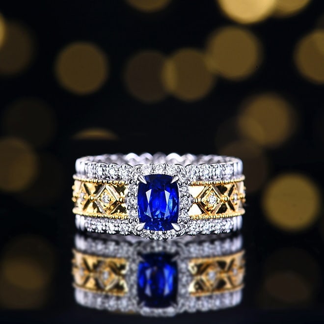 14k Gold 1.56 Ctw Natural Sapphire & Diamond Ring: Ref:230982015 / / gold content:14k gold / / ring size:7. 25us / / / / main gemstone:sapphire / / shape:cushion / / carat weight:1. 2ct / / color:blue / / treatment:natural / / / / adjacent gemstone 2