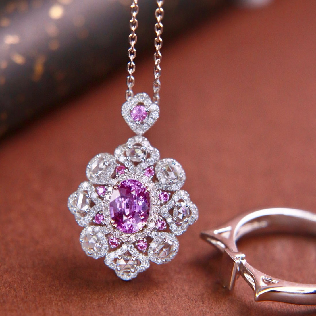 14k Gold 2.07 Ctw Natural Sapphire & Diamond Ring/pendant( Without Chain ): Ref:230982017 / / gold content:14k gold / / ring size:7. 25us / / / / main gemstone:sapphire / / shape:oval / / carat weight:1. 33ct / / color:pink / / treatment:natural / / / / adjacent gemstone 2 :