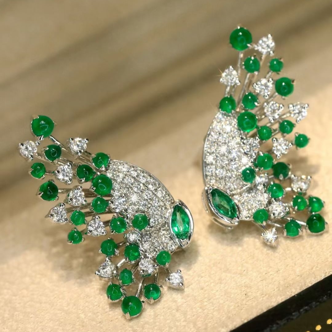 14k Gold 2.12 Ctw Vivid Green Natural Emerald & Diamond Earrings - 2