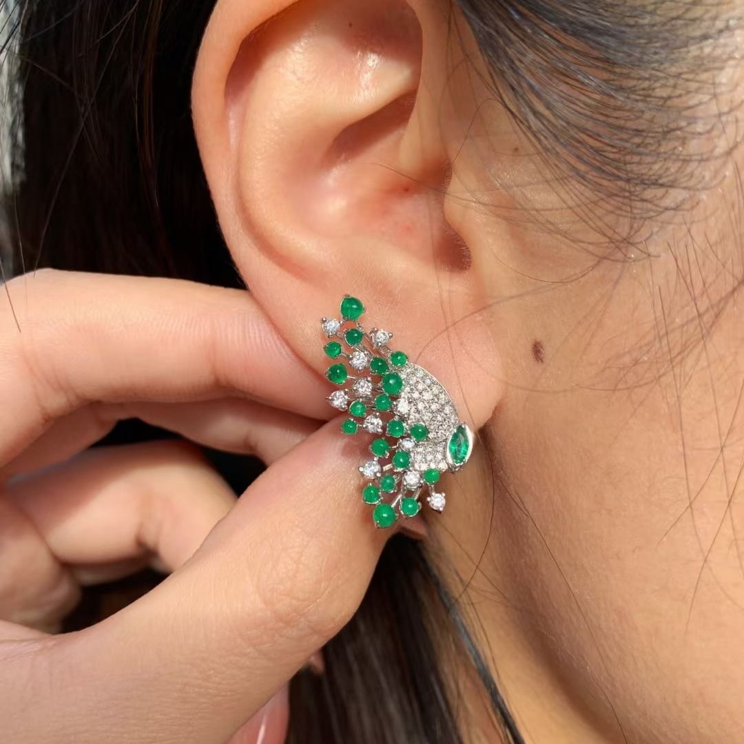 14k Gold 2.12 Ctw Vivid Green Natural Emerald & Diamond Earrings - 3