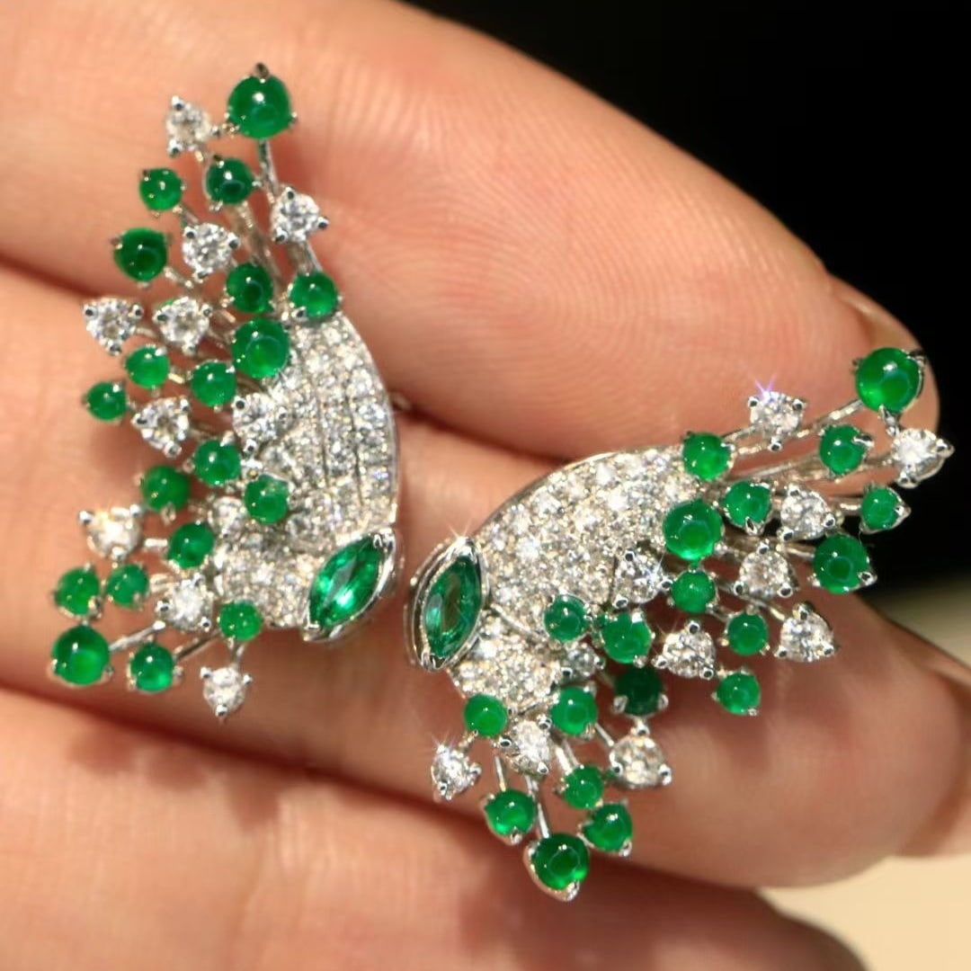 14k Gold 2.12 Ctw Vivid Green Natural Emerald & Diamond Earrings - 4