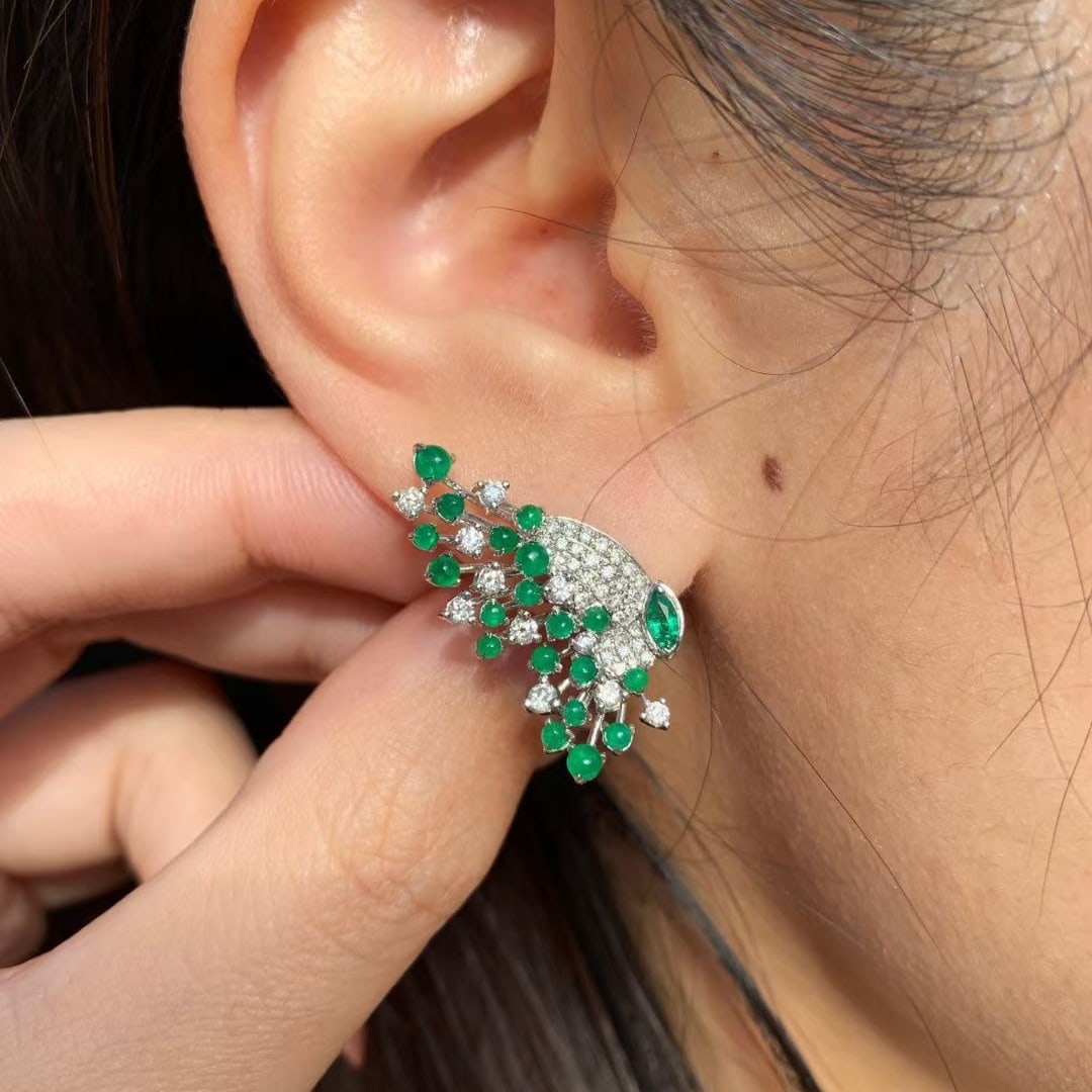 14k Gold 2.12 Ctw Vivid Green Natural Emerald & Diamond Earrings - 6