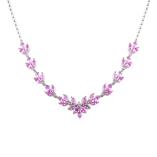 14k Gold 7.35 Ctw Natural Padparadscha Sapphire & Diamond Necklace: Ref:230982029 / / gold content:14k gold / / main gemstone:padparadscha sapphire / / shape:marquise / / carat weight:7. 2ct / / color:orangish pink / / treatment:natural / / / / adjacent gemstone 2 : d