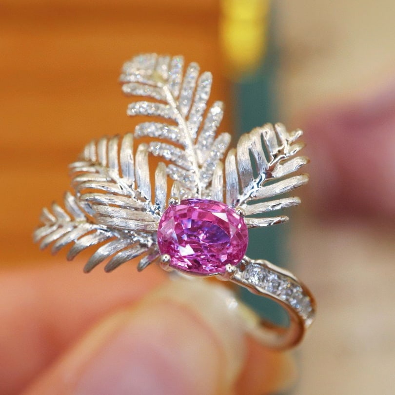 14k Gold 1.71 Ctw Natural Padparadscha Sapphire & Diamond Ring - 2