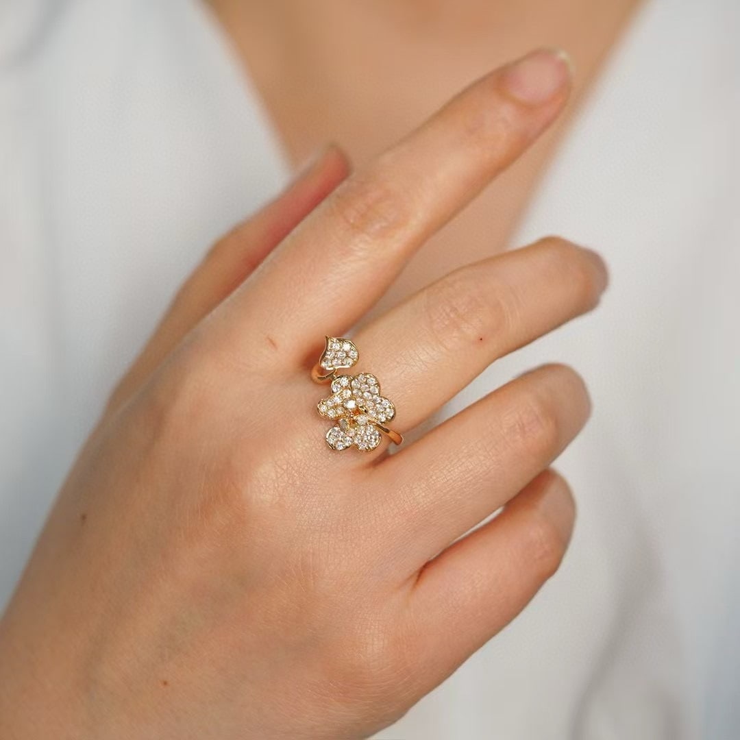 14k Gold 0.67 Ct Natural H Diamond & Flowers Ring - 5