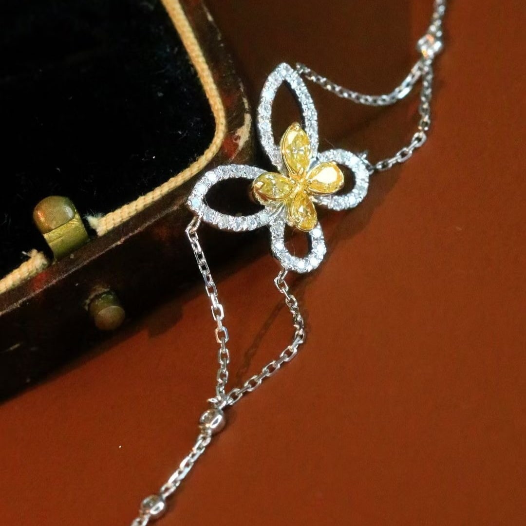 14k Gold 0.75 Ct Natural Color Diamond & Butterfly Bracelet - 2