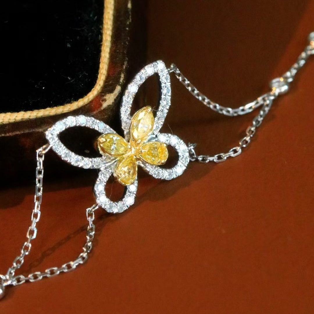 14k Gold 0.75 Ct Natural Color Diamond & Butterfly Bracelet - 3