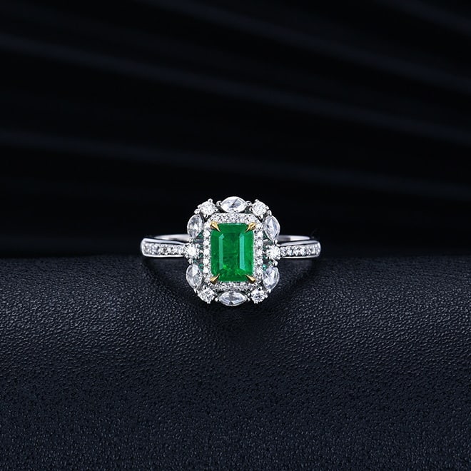 14k Gold 1.08 Ctw Vivid Green Natural Emerald & Diamond Ring: Ref:230982040 / / gold content:14k gold / / ring size:7. 25us / / / / main gemstone:emerald / / shape:octagonal / / carat weight:0. 71ct / / color:vivid green / / treatment:natural / / / / adjacent